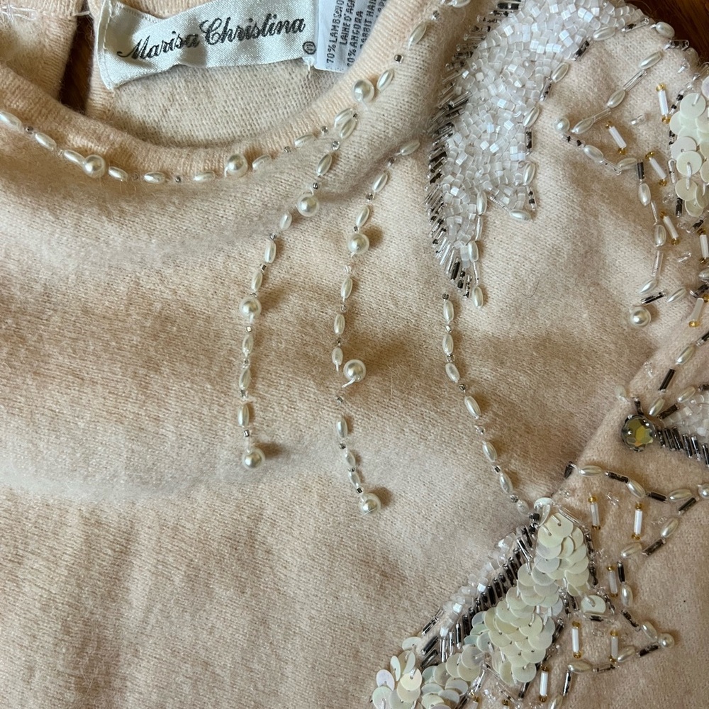 Beaded Embellished Beige Peach Wool Sweater Size Medium Vintage New Years Eve